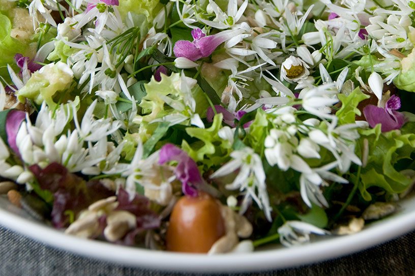 Salade met daslookbloemetjes